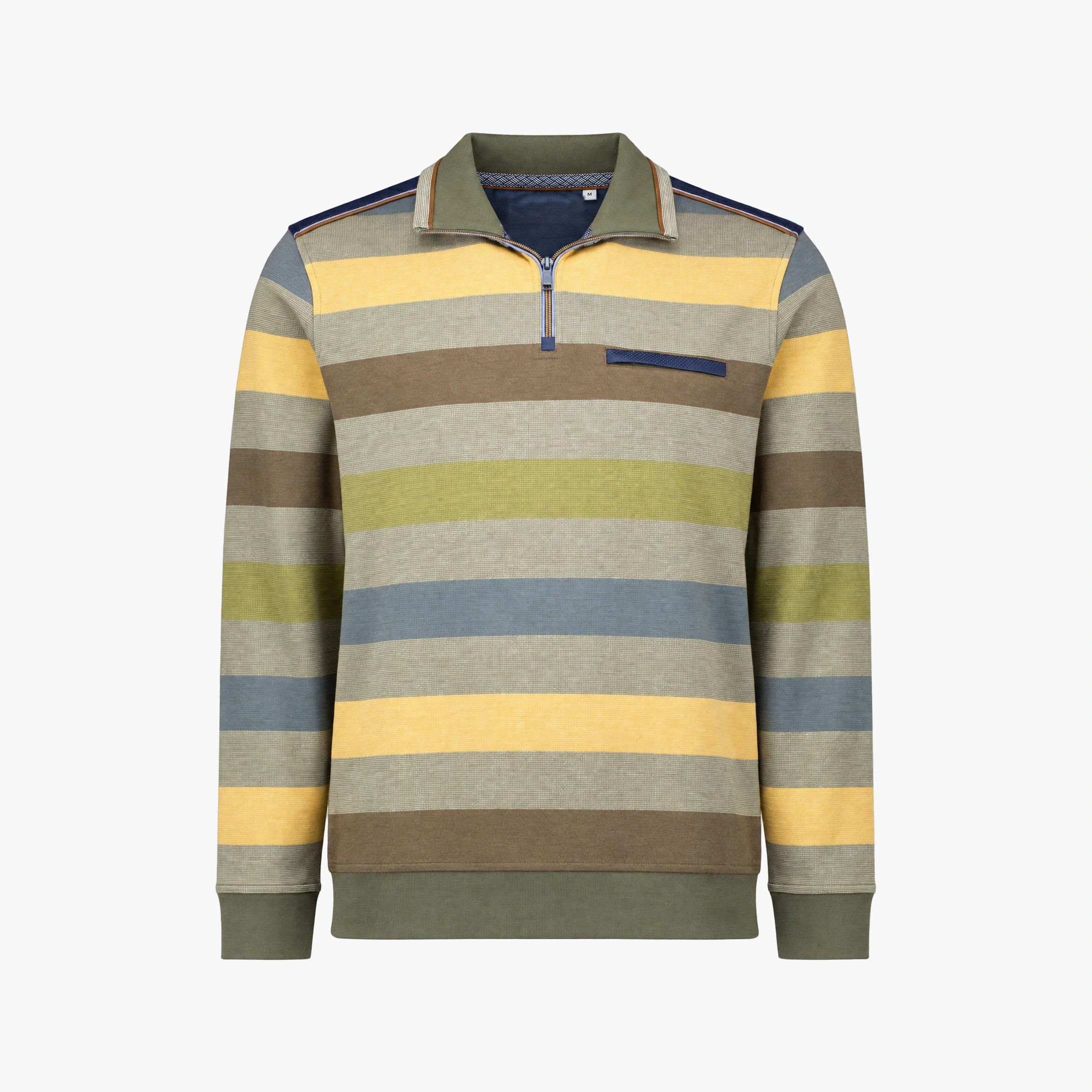 Packshot of a striped men's sweater with a short zipper in yellow, green, blue, and brown