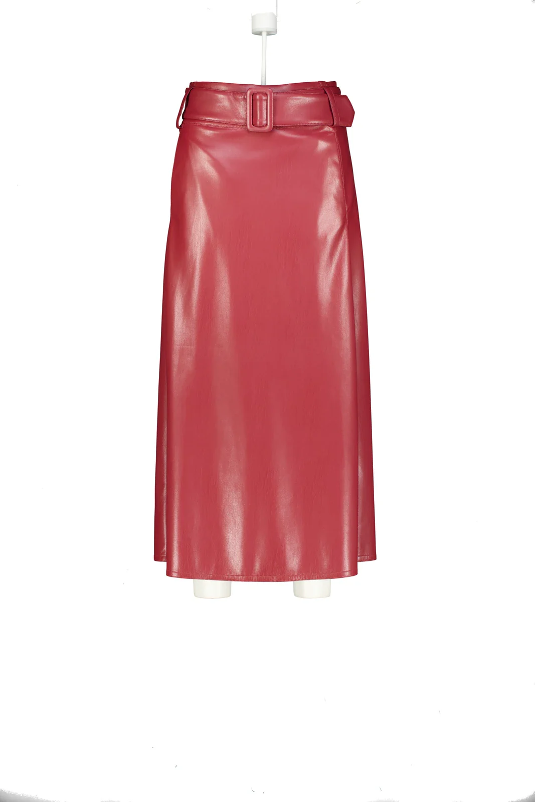 Red patent leather skirt with belt on a mannequin