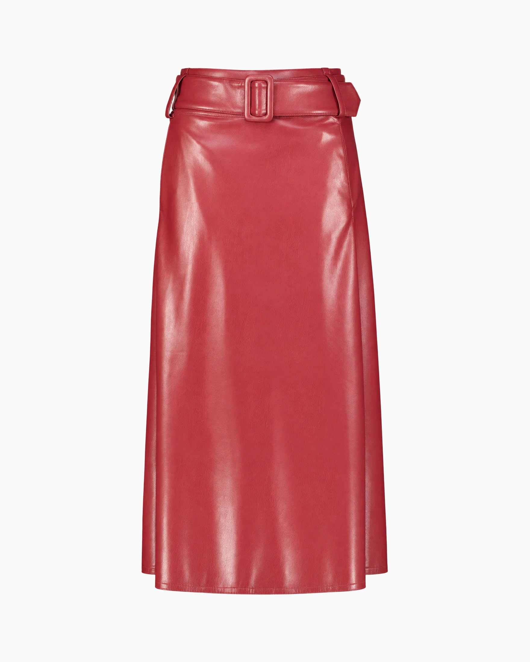 The same red patent leather skirt as packshot, with the shine and belt of the original