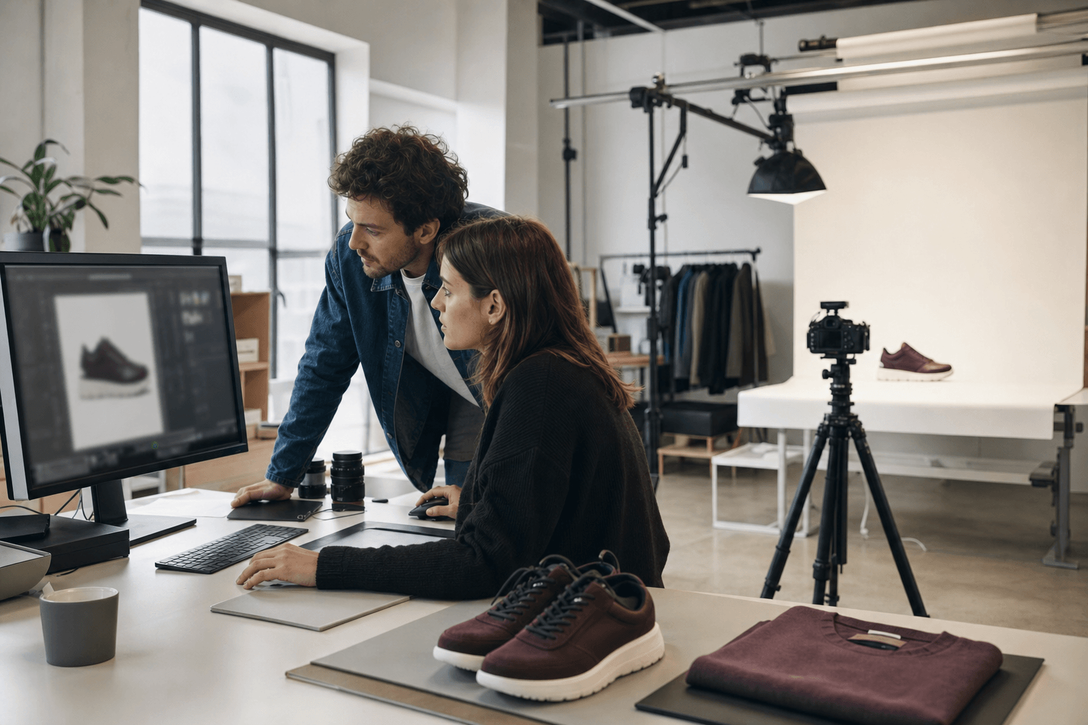 A packshot team reviews product imagery in the studio