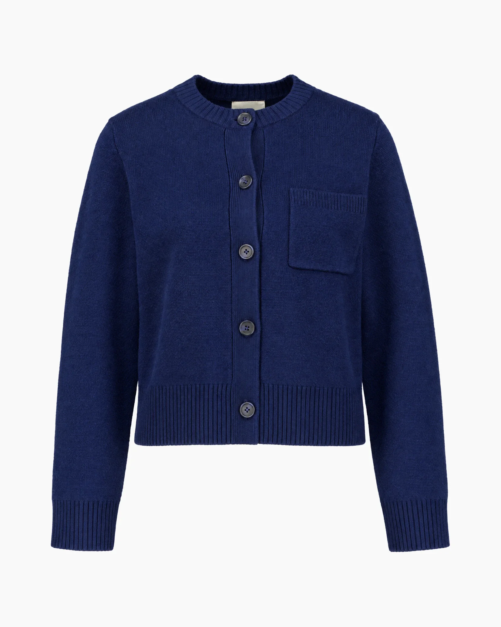Navy knitted cardigan as ghost packshot on light gray