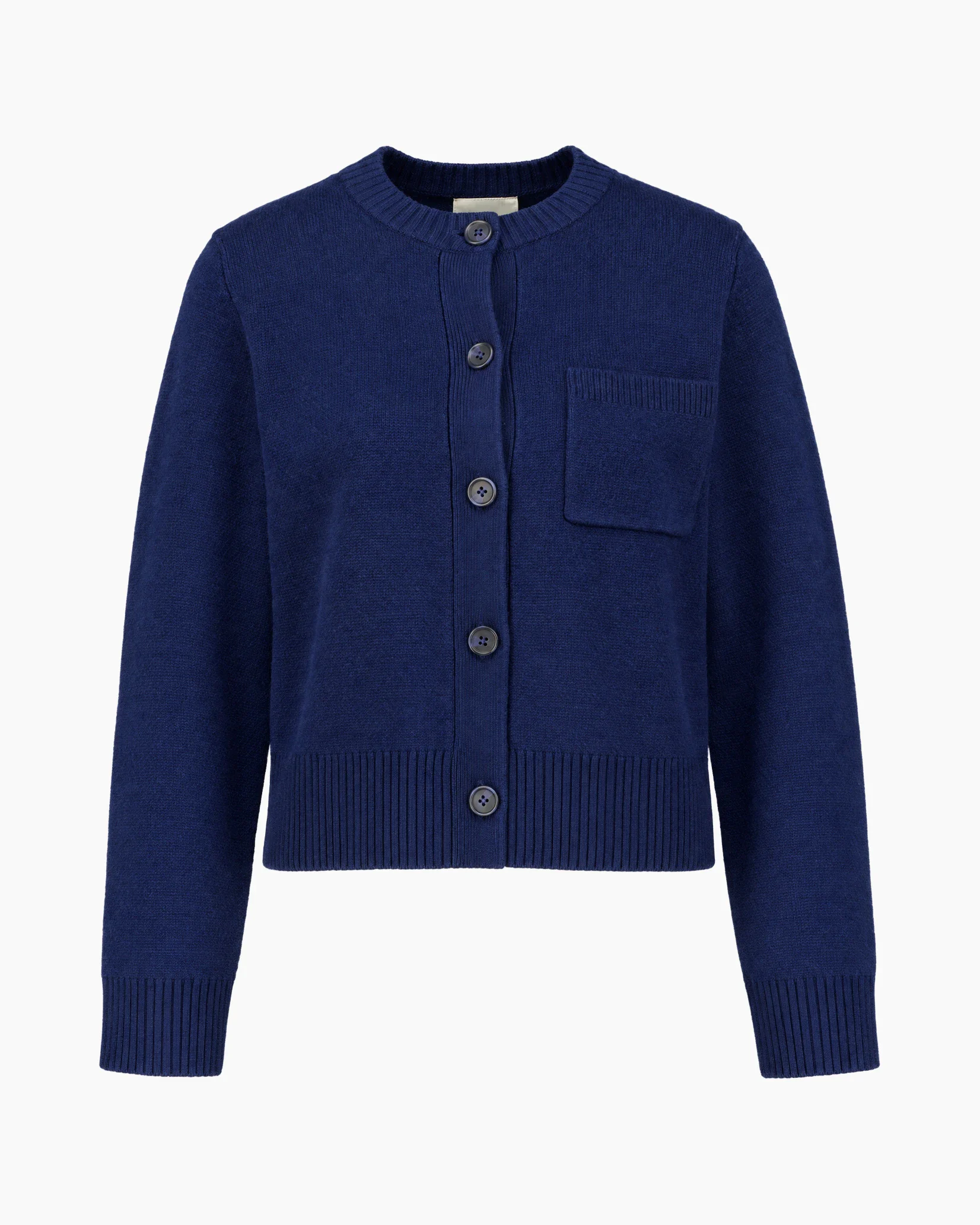 Navy knitted cardigan as ghost packshot on light gray