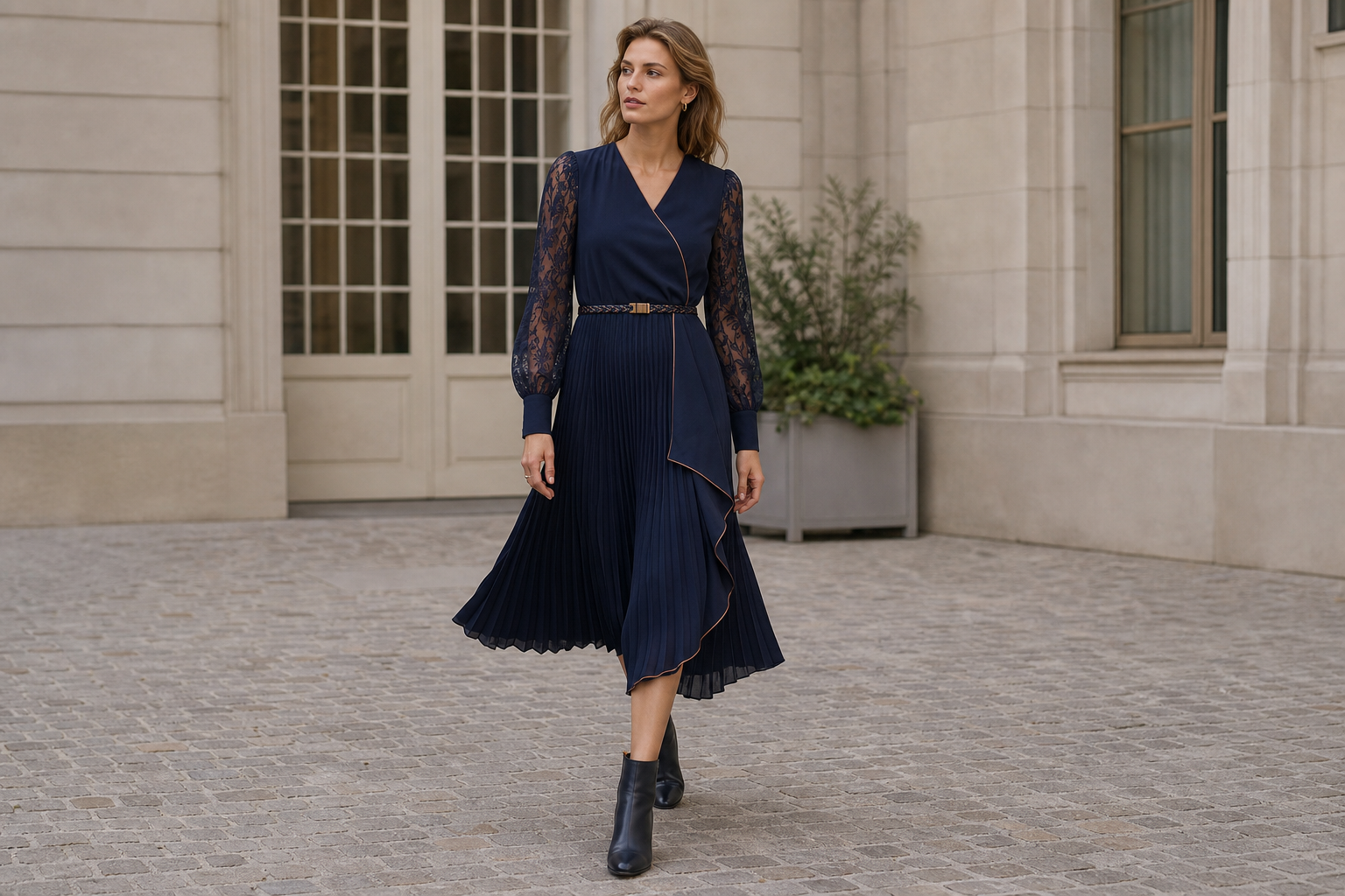 Fully generated model image with the midnight blue midi dress as a complete women's outfit