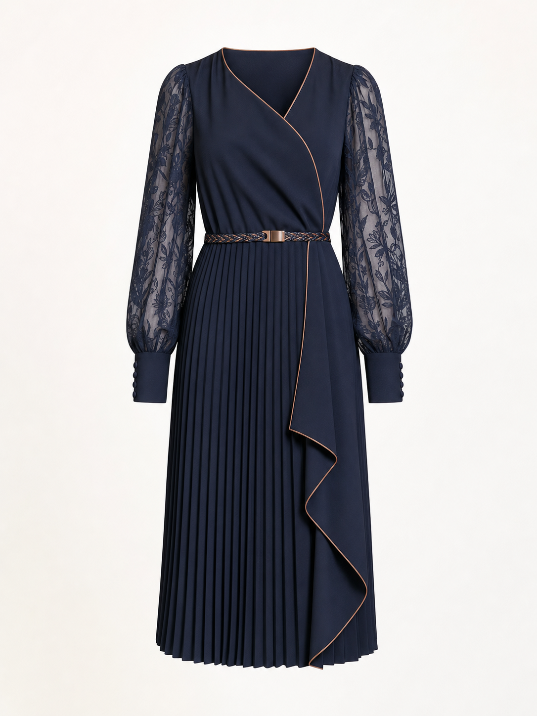 Detailed packshot of a midnight blue midi dress with transparent sleeves and copper piping